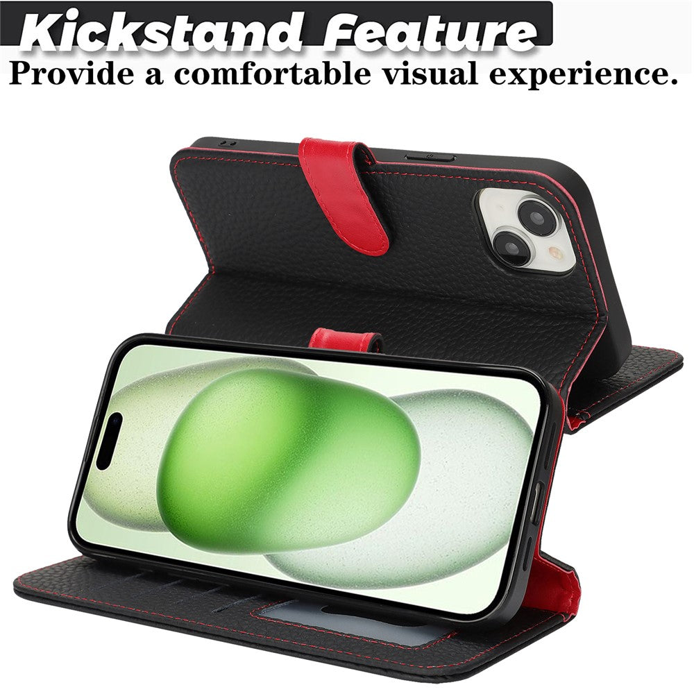 For iPhone 15 Plus / 14 Plus Stand Case Litchi Texture Genuine Cow Leather Wallet Phone Cover RFID Blocking