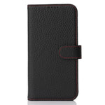 For iPhone 15 Plus / 14 Plus Stand Case Litchi Texture Genuine Cow Leather Wallet Phone Cover RFID Blocking