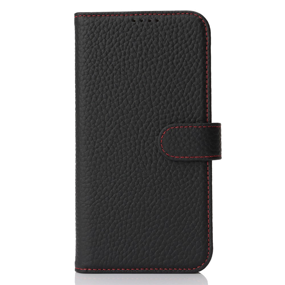 For iPhone 15 Plus / 14 Plus Stand Case Litchi Texture Genuine Cow Leather Wallet Phone Cover RFID Blocking