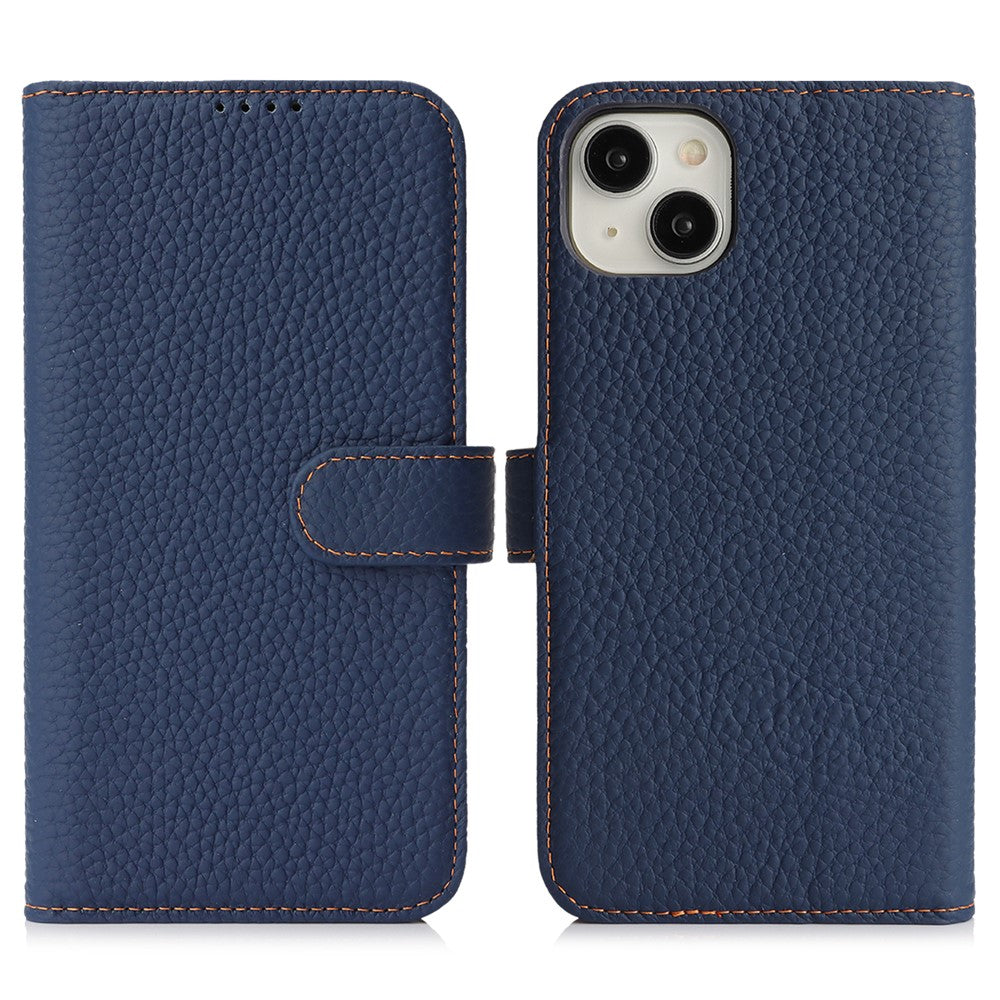 For iPhone 15 Plus / 14 Plus Stand Case Litchi Texture Genuine Cow Leather Wallet Phone Cover RFID Blocking