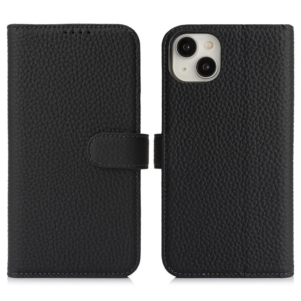 For iPhone 15 Plus / 14 Plus Stand Case Litchi Texture Genuine Cow Leather Wallet Phone Cover RFID Blocking