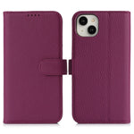 For iPhone 15 Plus / 14 Plus Stand Case Litchi Texture Genuine Cow Leather Wallet Phone Cover RFID Blocking