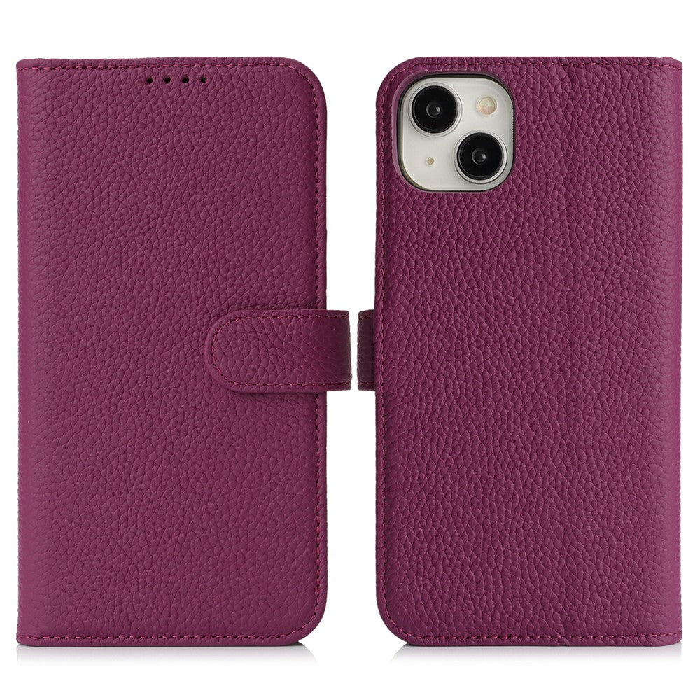 For iPhone 15 Plus / 14 Plus Stand Case Litchi Texture Genuine Cow Leather Wallet Phone Cover RFID Blocking