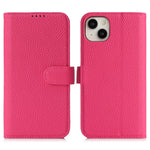 For iPhone 15 Plus / 14 Plus Stand Case Litchi Texture Genuine Cow Leather Wallet Phone Cover RFID Blocking