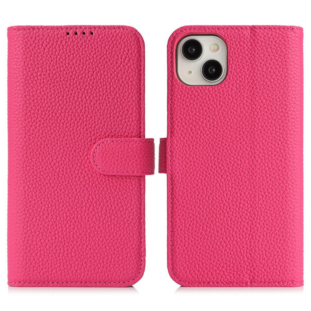 For iPhone 15 Plus / 14 Plus Stand Case Litchi Texture Genuine Cow Leather Wallet Phone Cover RFID Blocking
