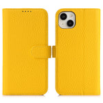 For iPhone 15 Plus / 14 Plus Stand Case Litchi Texture Genuine Cow Leather Wallet Phone Cover RFID Blocking