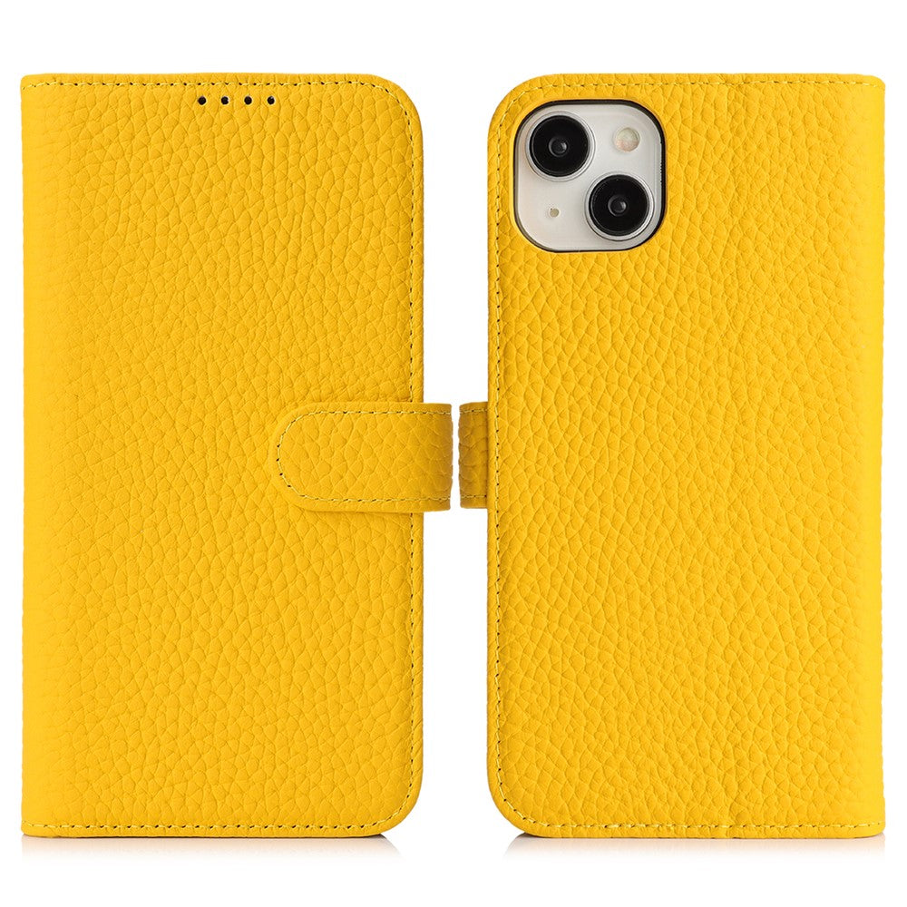 For iPhone 15 Plus / 14 Plus Stand Case Litchi Texture Genuine Cow Leather Wallet Phone Cover RFID Blocking