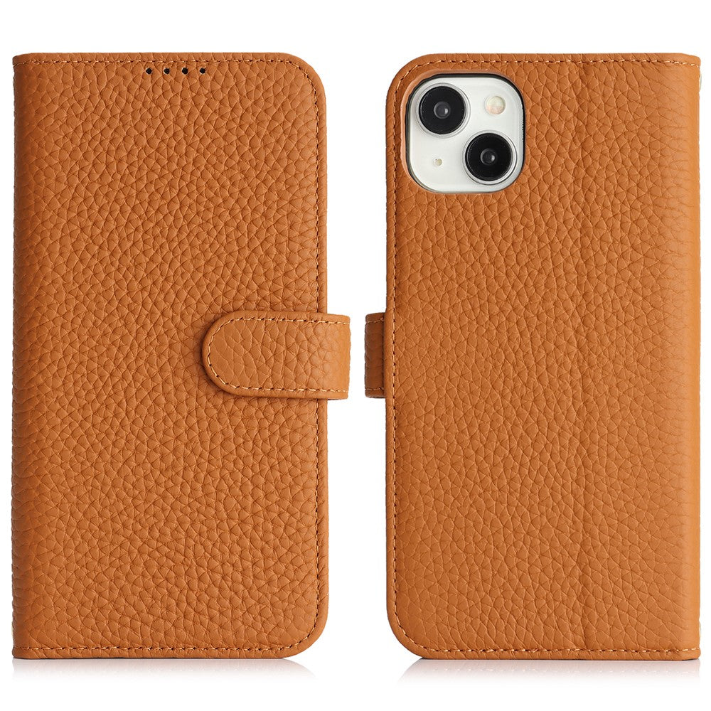For iPhone 15 Plus / 14 Plus Stand Case Litchi Texture Genuine Cow Leather Wallet Phone Cover RFID Blocking