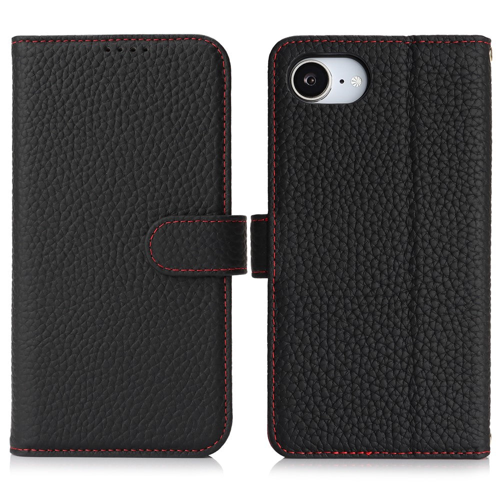Til iPhone 17e / 16e Stand Cover Litchi Texture Ægte Koskind Læder Pung Telefoncover RFID Blokerende