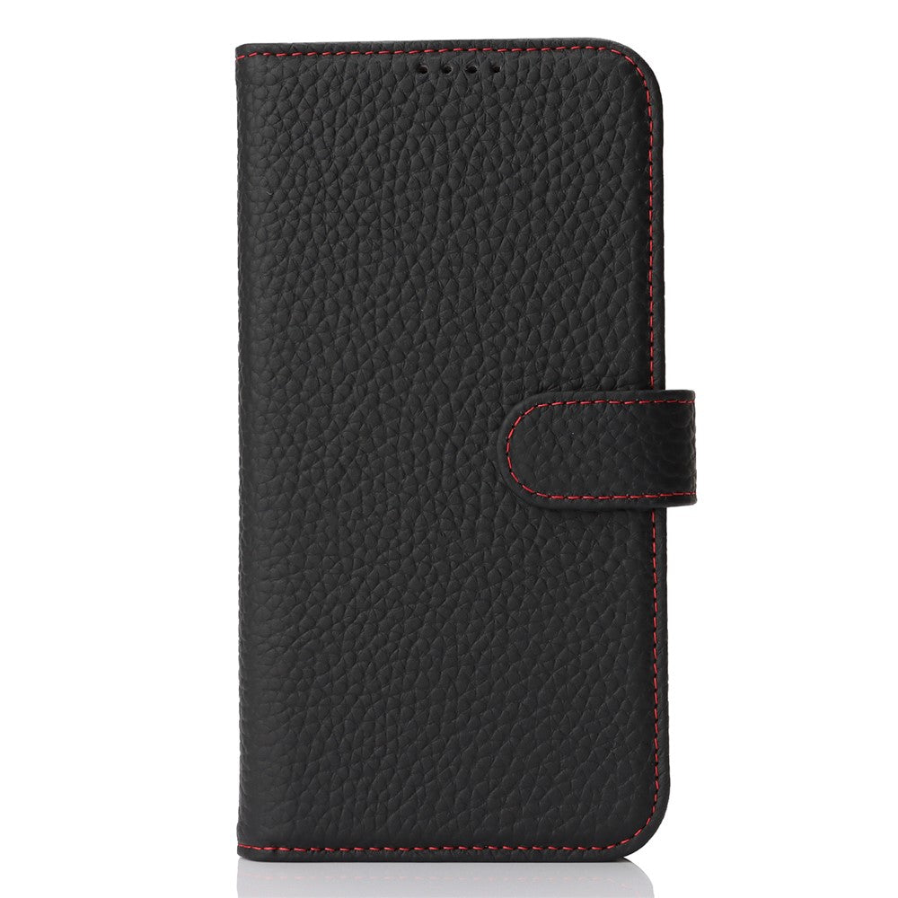 Til iPhone 17e / 16e Stand Cover Litchi Texture Ægte Koskind Læder Pung Telefoncover RFID Blokerende