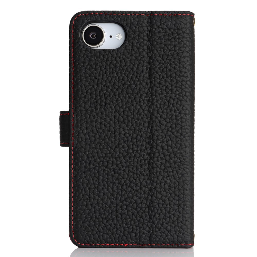 Til iPhone 17e / 16e Stand Cover Litchi Texture Ægte Koskind Læder Pung Telefoncover RFID Blokerende