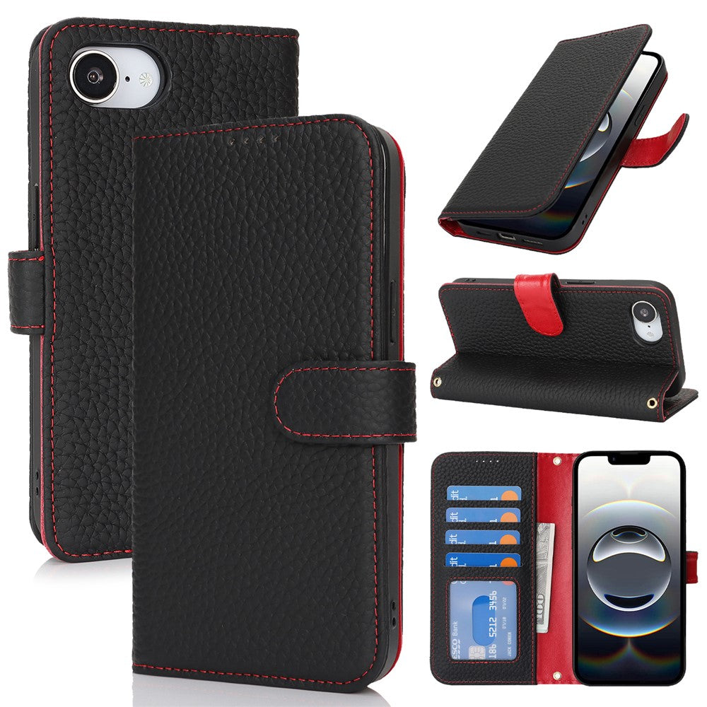 Til iPhone 17e / 16e Stand Cover Litchi Texture Ægte Koskind Læder Pung Telefoncover RFID Blokerende
