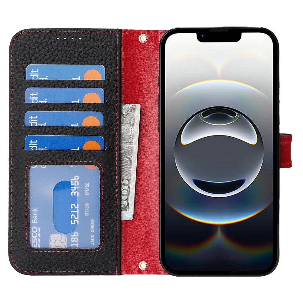 Til iPhone 17e / 16e Stand Cover Litchi Texture Ægte Koskind Læder Pung Telefoncover RFID Blokerende