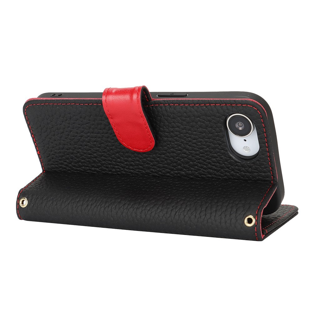 Til iPhone 17e / 16e Stand Cover Litchi Texture Ægte Koskind Læder Pung Telefoncover RFID Blokerende