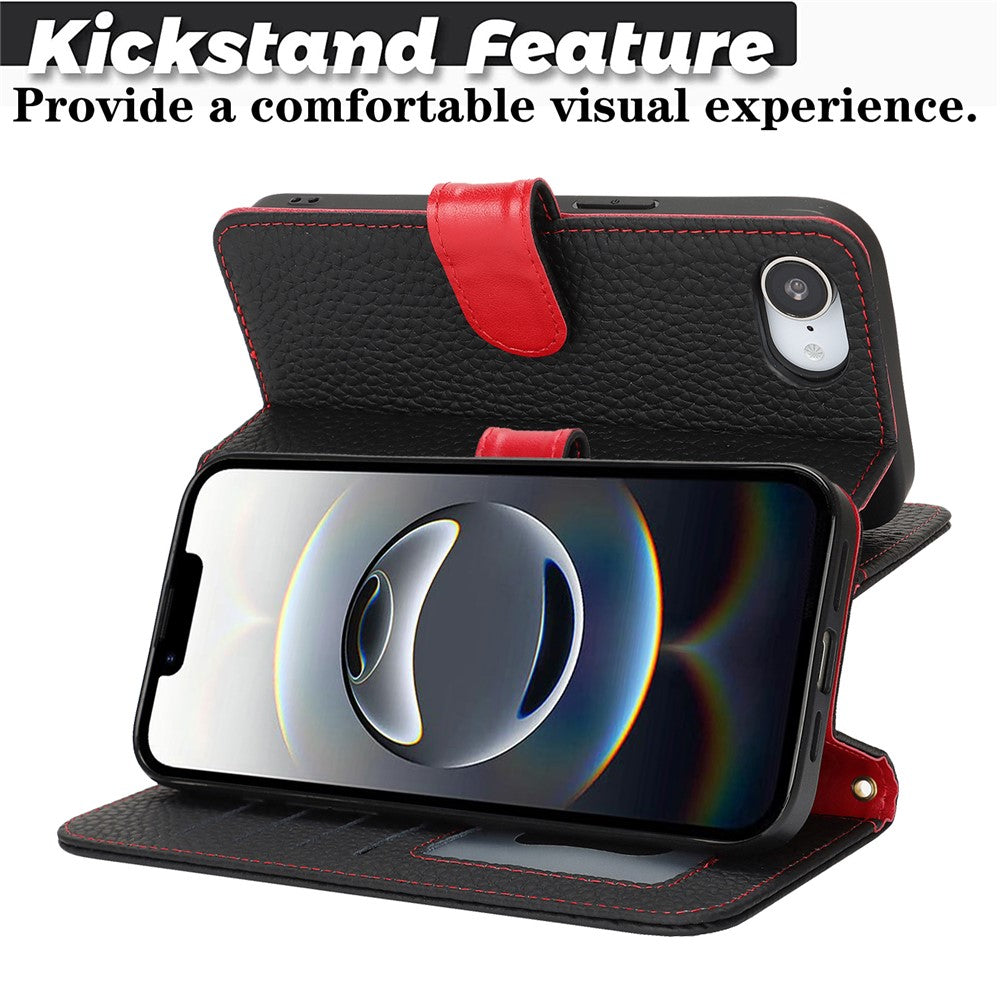 Til iPhone 17e / 16e Stand Cover Litchi Texture Ægte Koskind Læder Pung Telefoncover RFID Blokerende