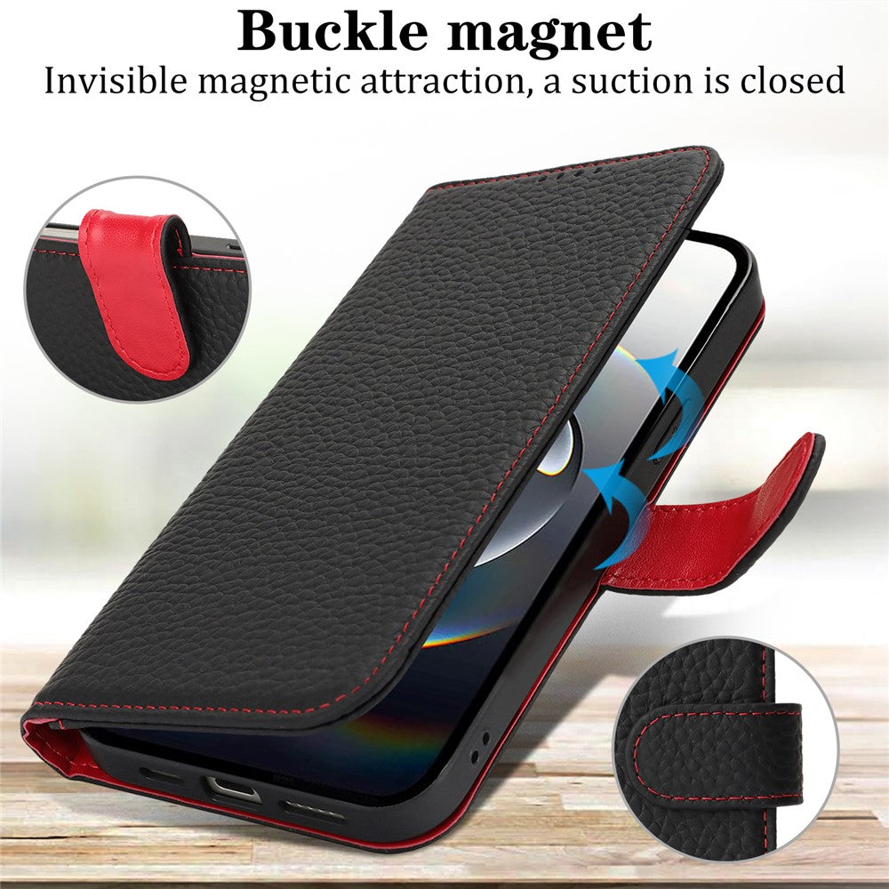 Til iPhone 17e / 16e Stand Cover Litchi Texture Ægte Koskind Læder Pung Telefoncover RFID Blokerende