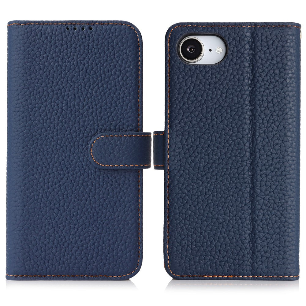 Til iPhone 17e / 16e Stand Cover Litchi Texture Ægte Koskind Læder Pung Telefoncover RFID Blokerende