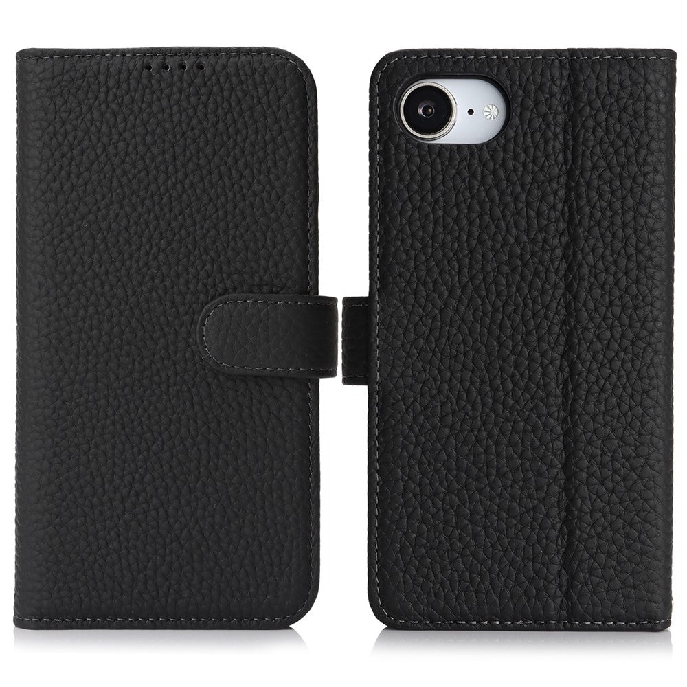 Til iPhone 17e / 16e Stand Cover Litchi Texture Ægte Koskind Læder Pung Telefoncover RFID Blokerende