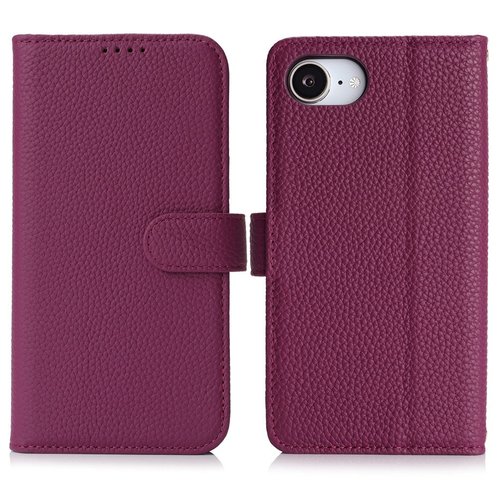 Til iPhone 17e / 16e Stand Cover Litchi Texture Ægte Koskind Læder Pung Telefoncover RFID Blokerende