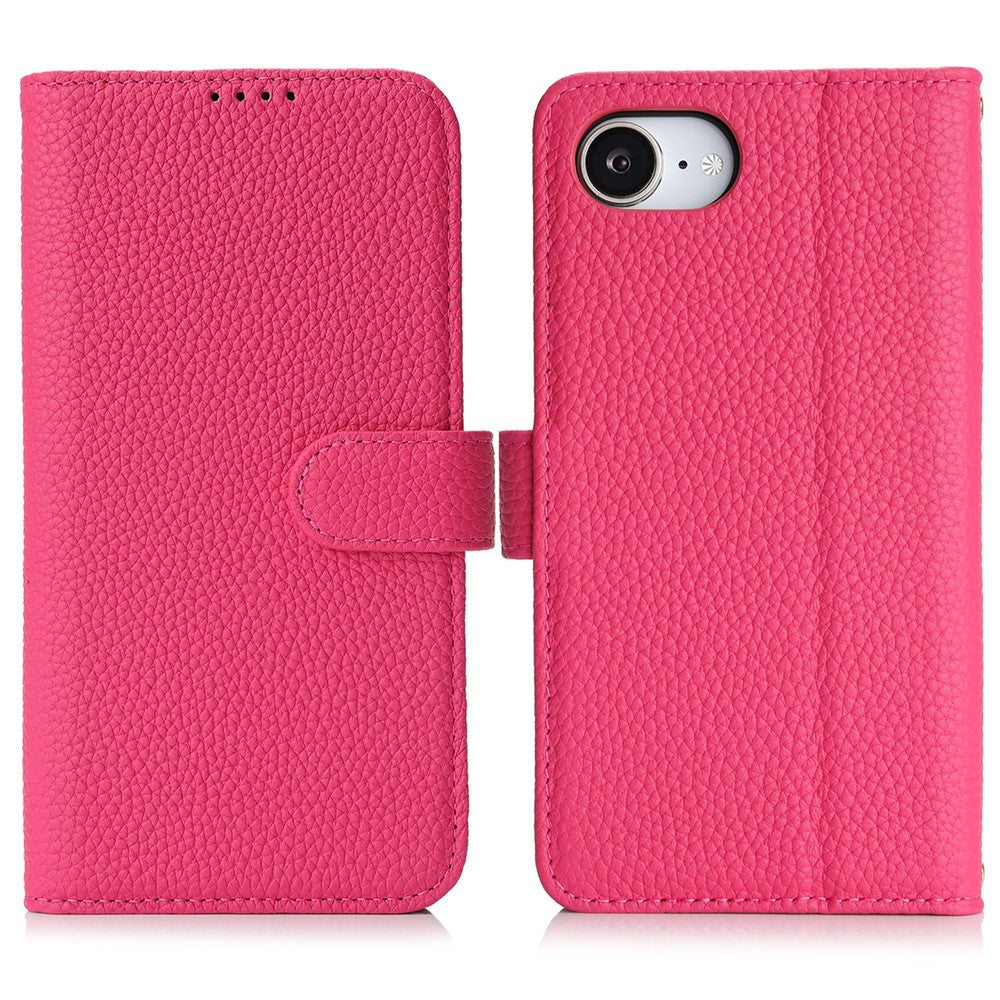 Til iPhone 17e / 16e Stand Cover Litchi Texture Ægte Koskind Læder Pung Telefoncover RFID Blokerende
