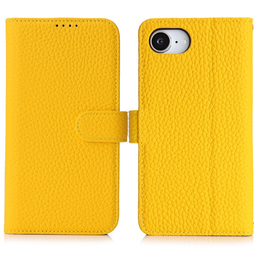 Til iPhone 17e / 16e Stand Cover Litchi Texture Ægte Koskind Læder Pung Telefoncover RFID Blokerende