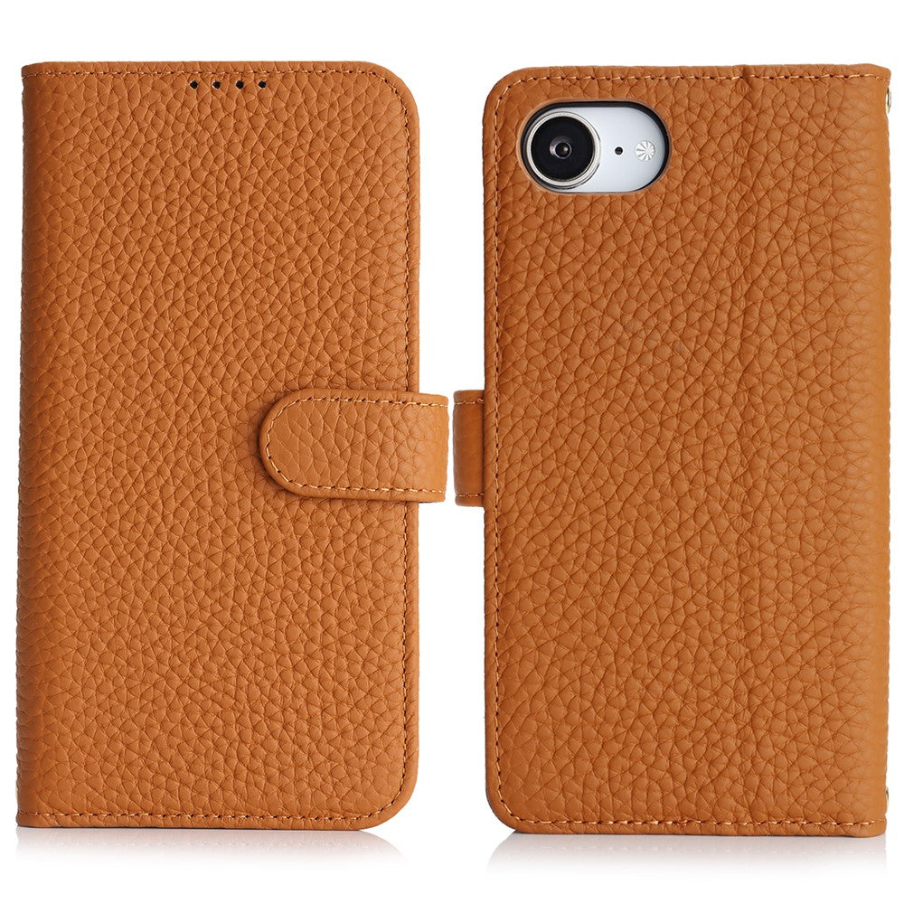Til iPhone 17e / 16e Stand Cover Litchi Texture Ægte Koskind Læder Pung Telefoncover RFID Blokerende