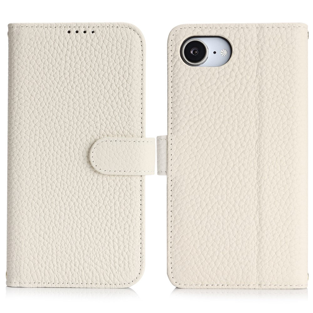 Til iPhone 17e / 16e Stand Cover Litchi Texture Ægte Koskind Læder Pung Telefoncover RFID Blokerende