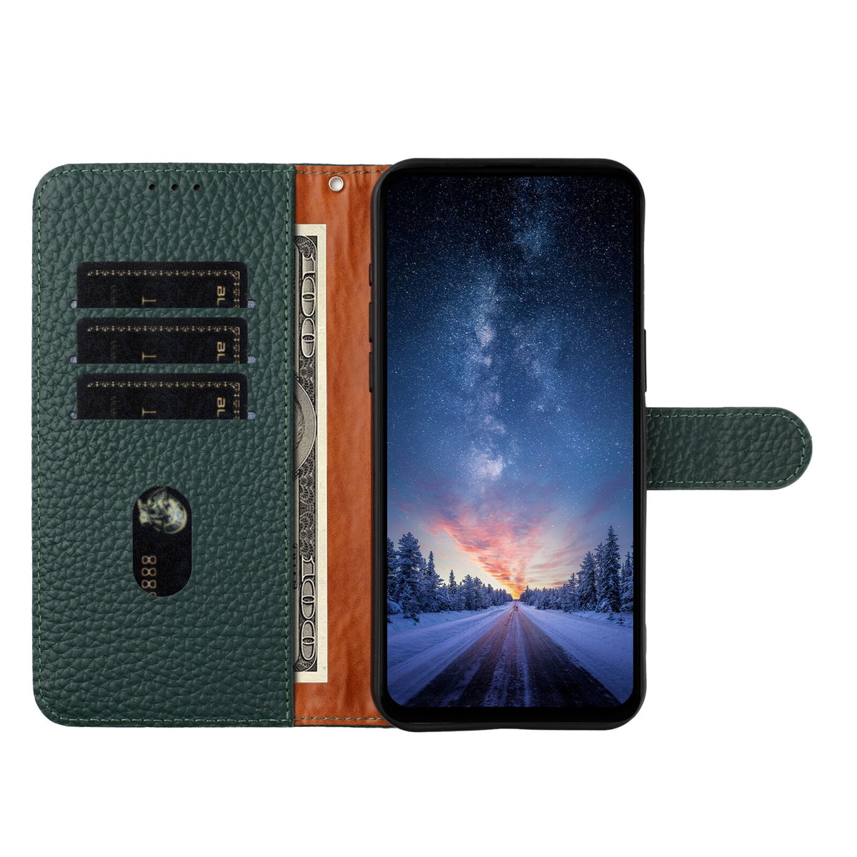 OnePlus Nord 5 5G Plånboksfodral med stativ i litchitextur i äkta nötläder.