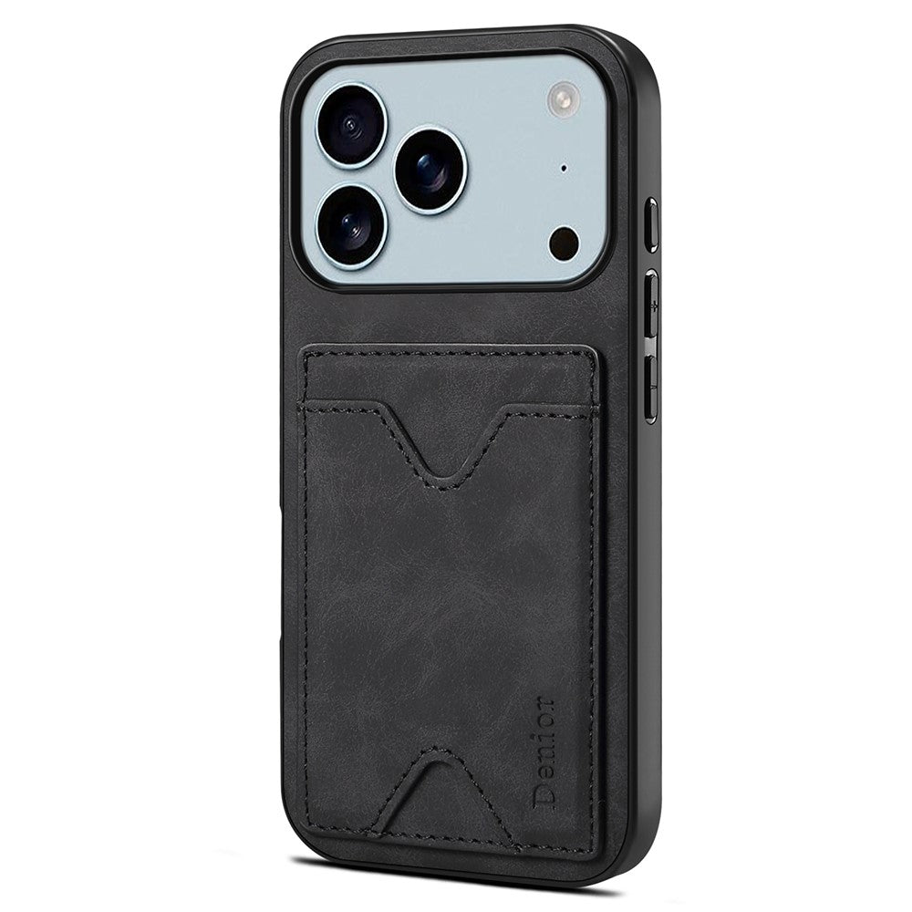 DENIOR For iPhone 17 Pro Case Card Holder Kickstand Leather + PC + TPU Phone Cover