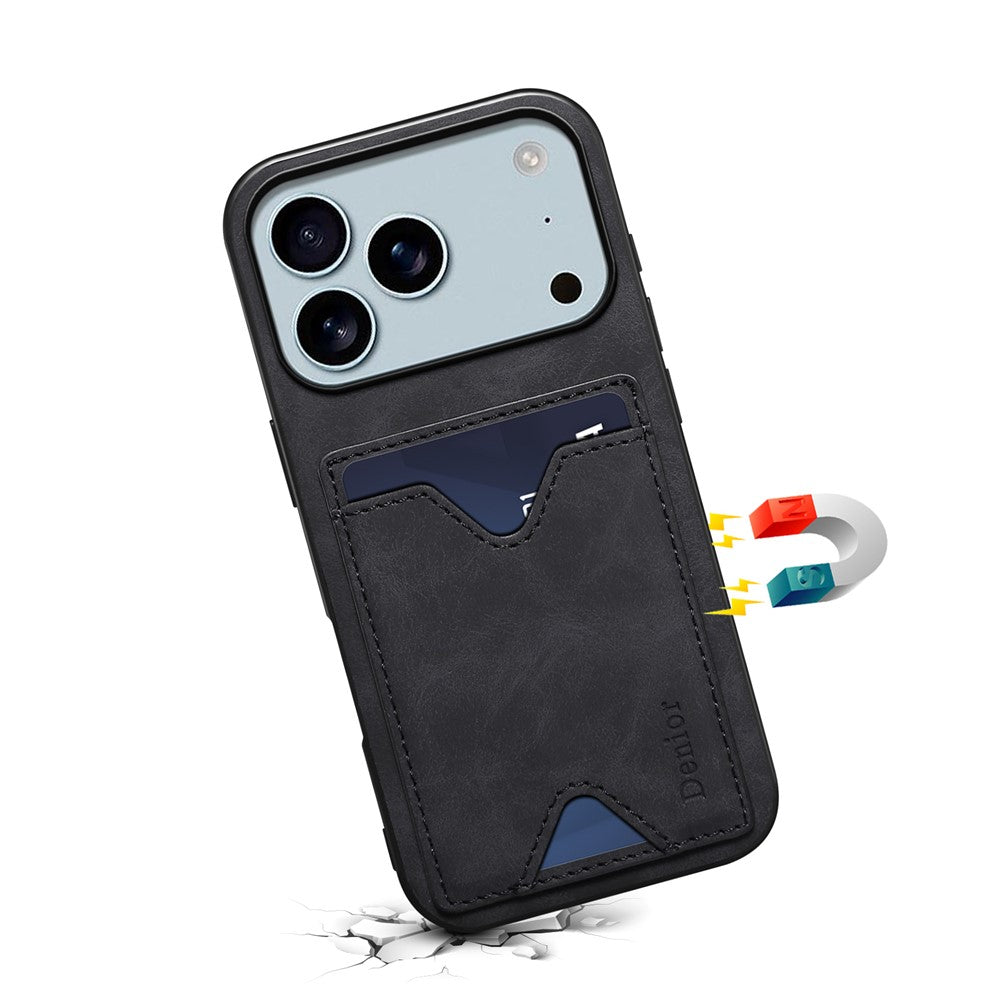 DENIOR For iPhone 17 Pro Case Card Holder Kickstand Leather + PC + TPU Phone Cover