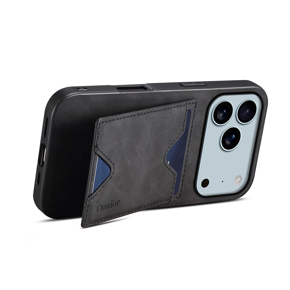 DENIOR For iPhone 17 Pro Case Card Holder Kickstand Leather + PC + TPU Phone Cover