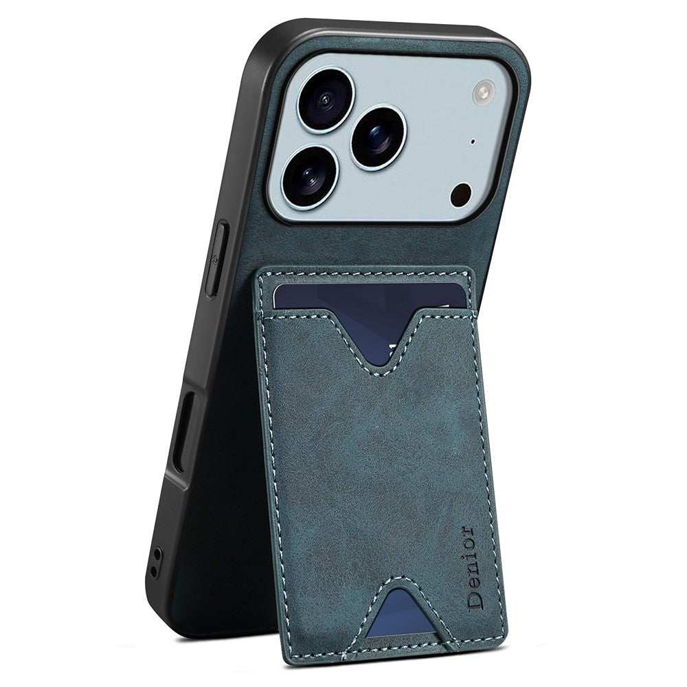 DENIOR For iPhone 17 Pro Max Case Card Holder Kickstand Leather + PC + TPU Phone Cover
