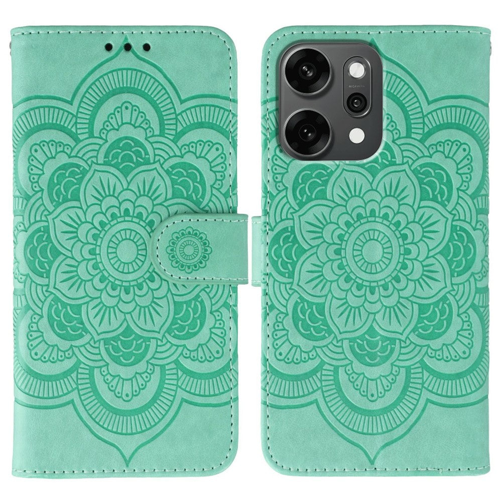For Oppo Reno14 Pro 5G (Global) Case PU Leather Mandala Imprinted Design Wallet Phone Cover with Wrist Strap