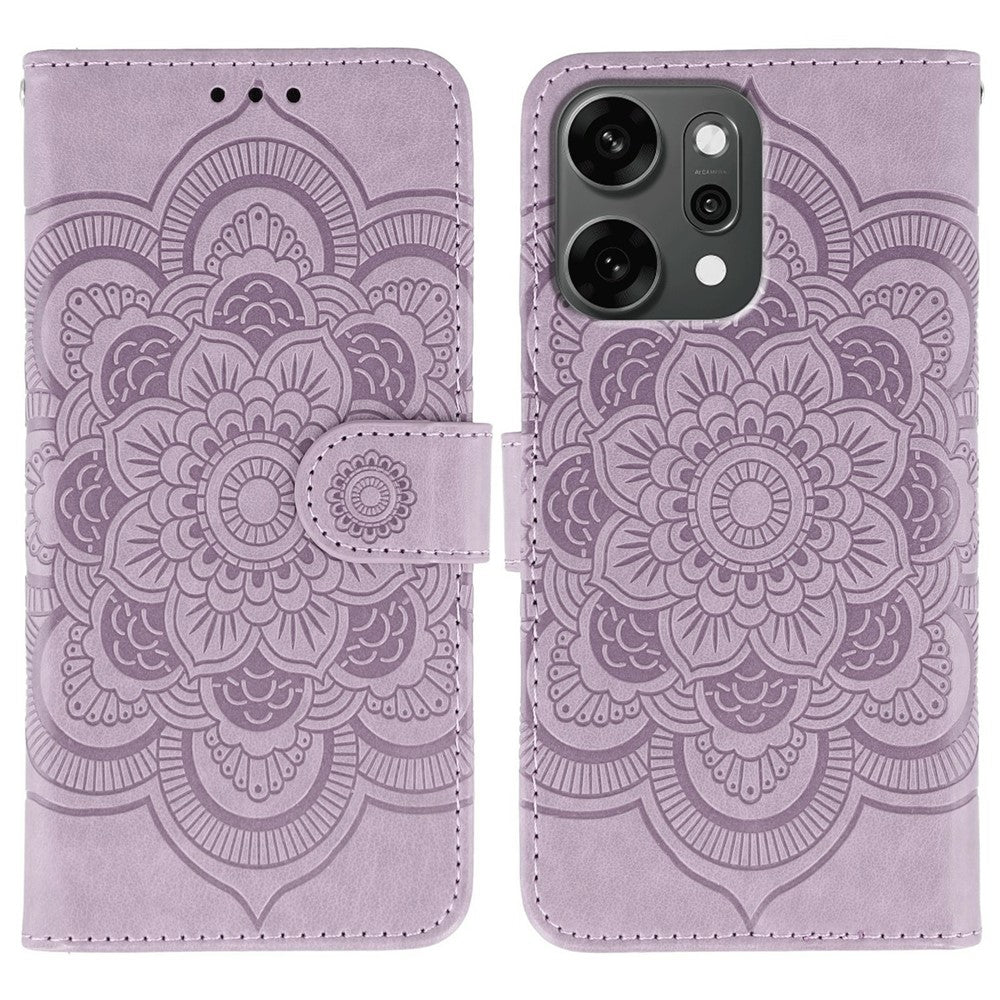 For Oppo Reno14 Pro 5G (Global) Case PU Leather Mandala Imprinted Design Wallet Phone Cover with Wrist Strap