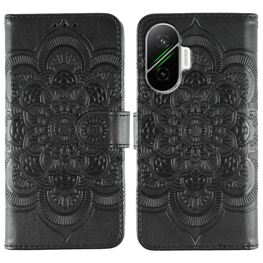 For Xiaomi Poco F7 5G / Redmi Turbo 4 Pro 5G Case PU Leather Mandala Imprinted Design Wallet Phone Cover with Wrist Strap