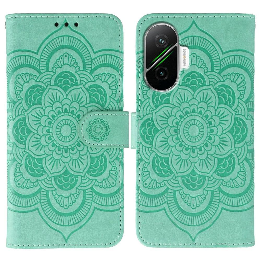 For Xiaomi Poco F7 5G / Redmi Turbo 4 Pro 5G Case PU Leather Mandala Imprinted Design Wallet Phone Cover with Wrist Strap