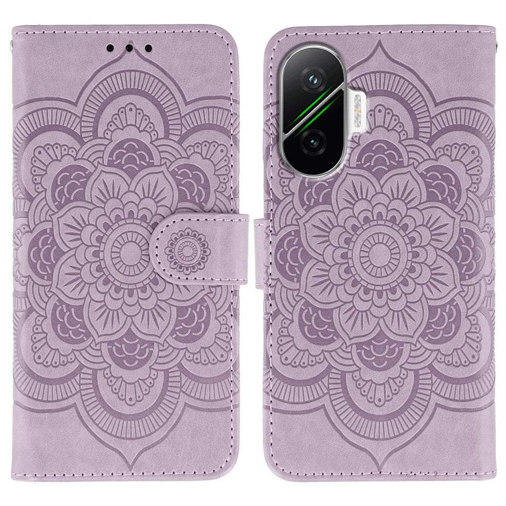 For Xiaomi Poco F7 5G / Redmi Turbo 4 Pro 5G Case PU Leather Mandala Imprinted Design Wallet Phone Cover with Wrist Strap
