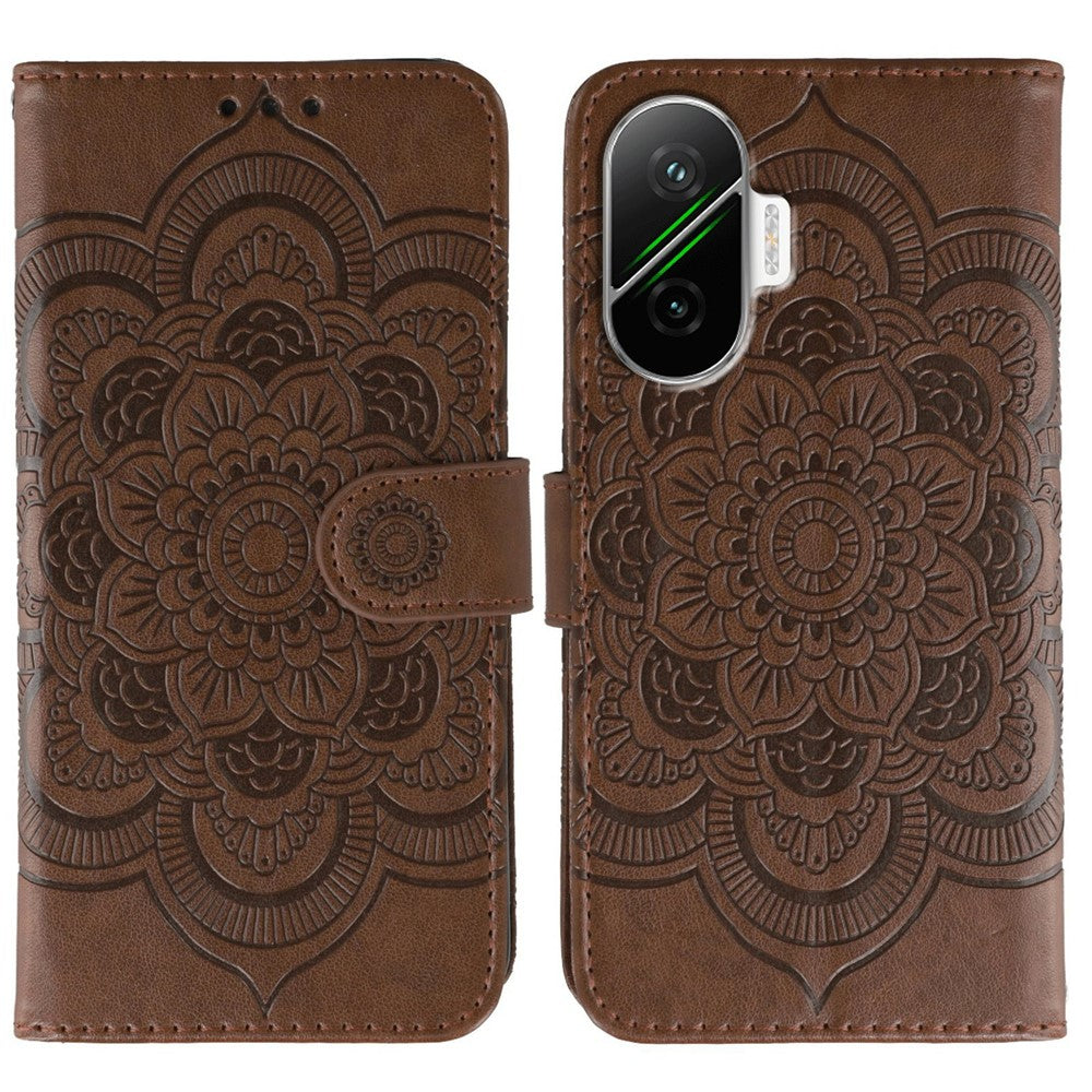 For Xiaomi Poco F7 5G / Redmi Turbo 4 Pro 5G Case PU Leather Mandala Imprinted Design Wallet Phone Cover with Wrist Strap