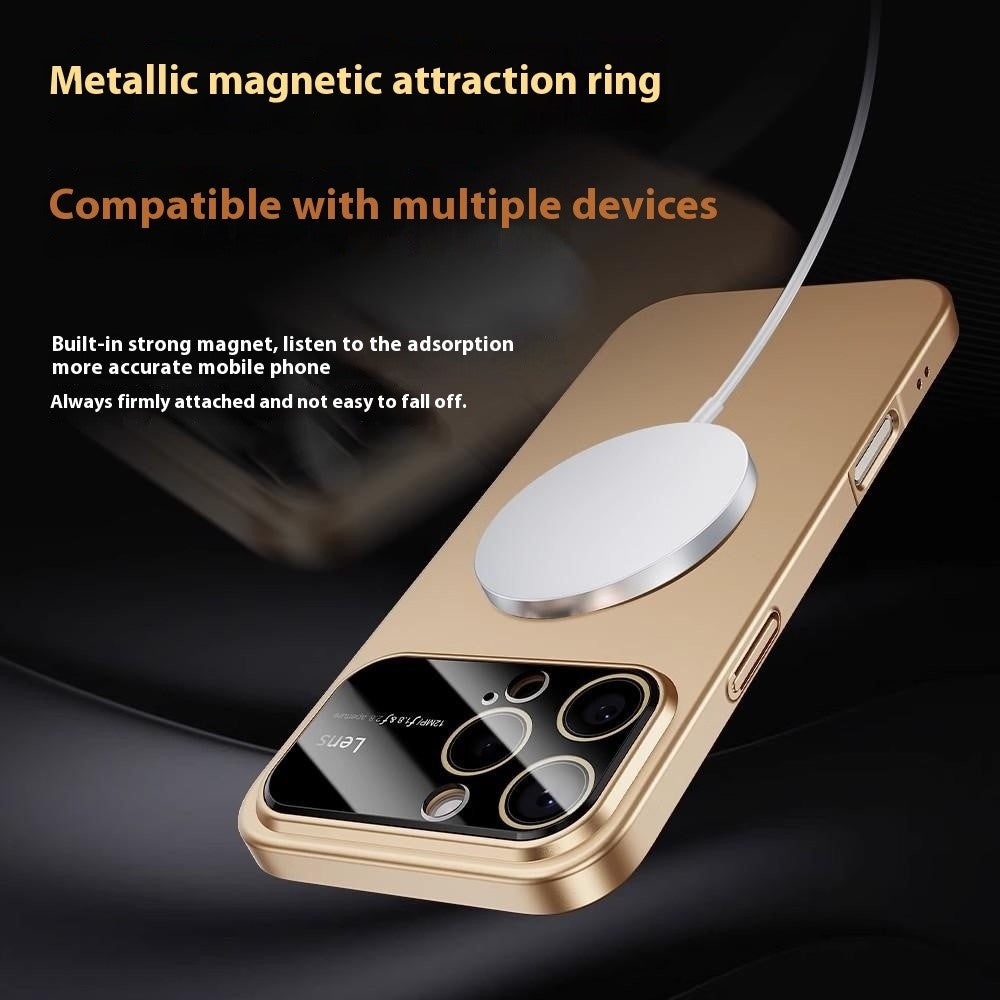 For iPhone 16 Pro Max Magnetic Case Large View Window Matte PC Phone Back Cover with Lens Film - Desert Gold