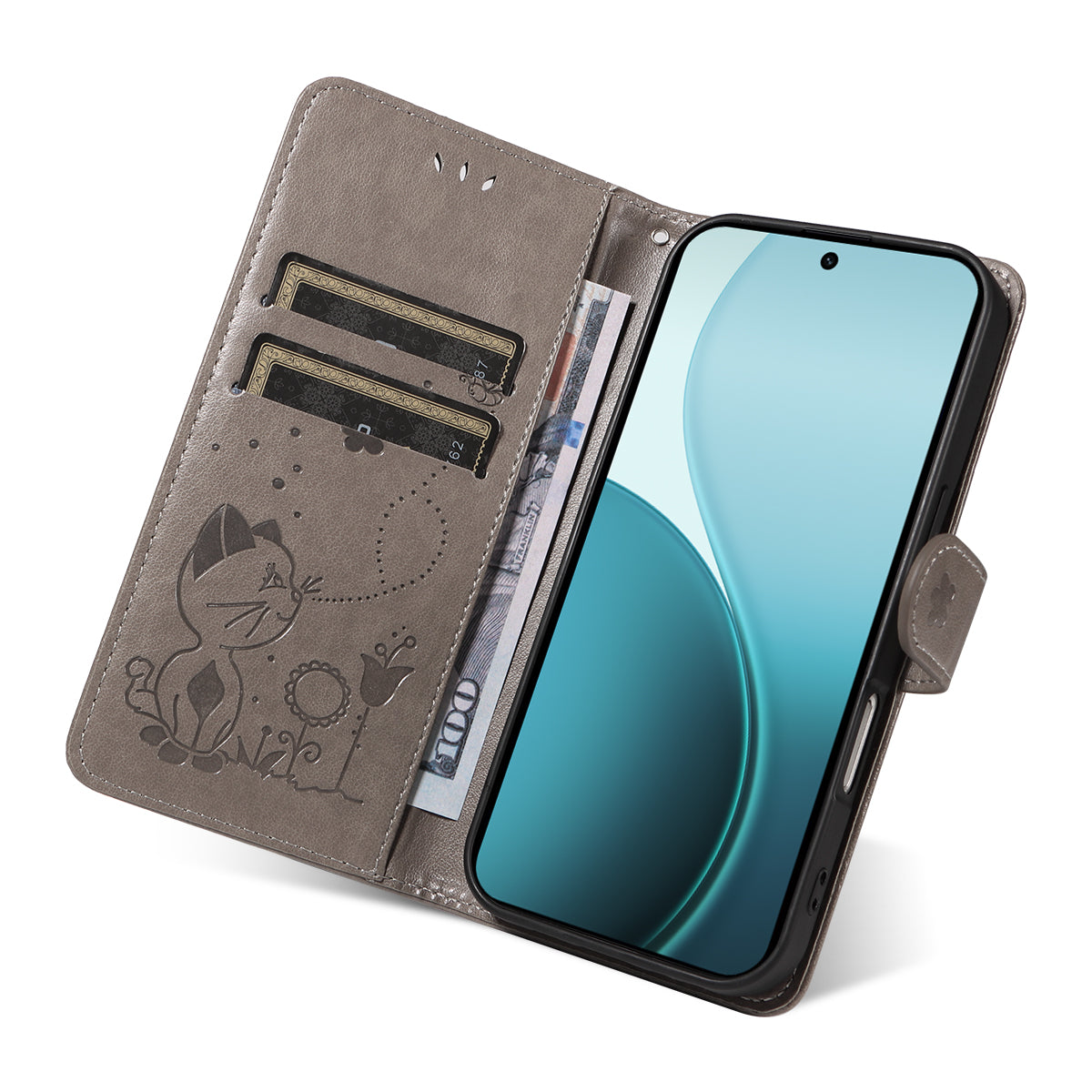 For Oppo Reno14 Pro 5G (China) / Oppo Reno14 Pro 5G (Global) Leather Wallet Case Cat Bee Pattern Phone Cover Stand
