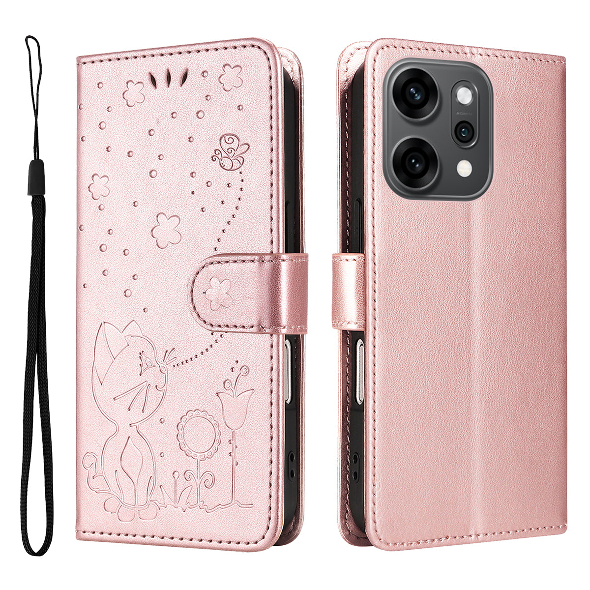 For Oppo Reno14 Pro 5G (China) / Oppo Reno14 Pro 5G (Global) Leather Wallet Case Cat Bee Pattern Phone Cover Stand