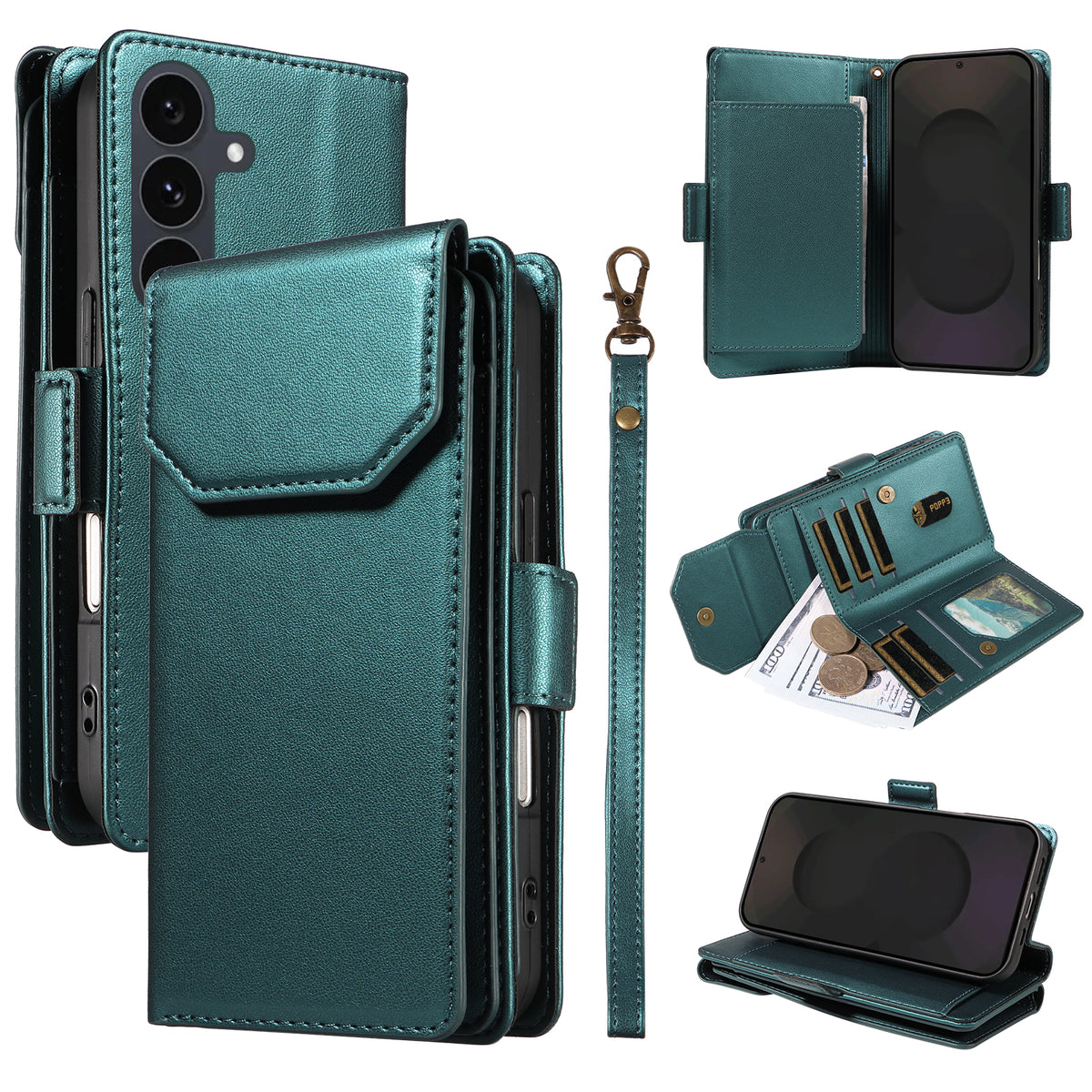 For Samsung Galaxy S25 FE Case with Multi-Card Holder and Strap PU Leather Phone Cover Stand