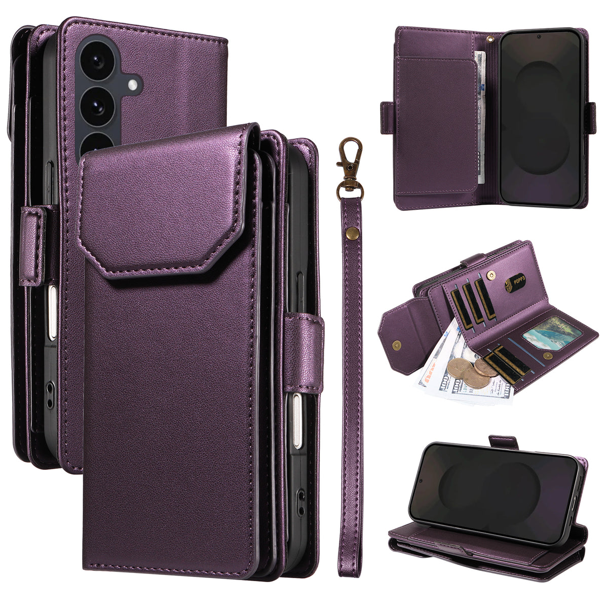 For Samsung Galaxy S25 FE Case with Multi-Card Holder and Strap PU Leather Phone Cover Stand