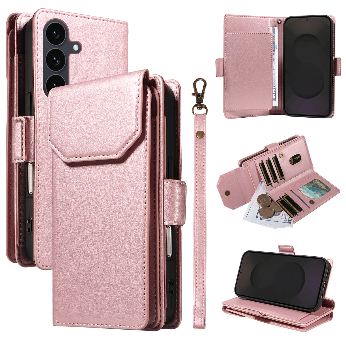 For Samsung Galaxy S25 FE Case with Multi-Card Holder and Strap PU Leather Phone Cover Stand