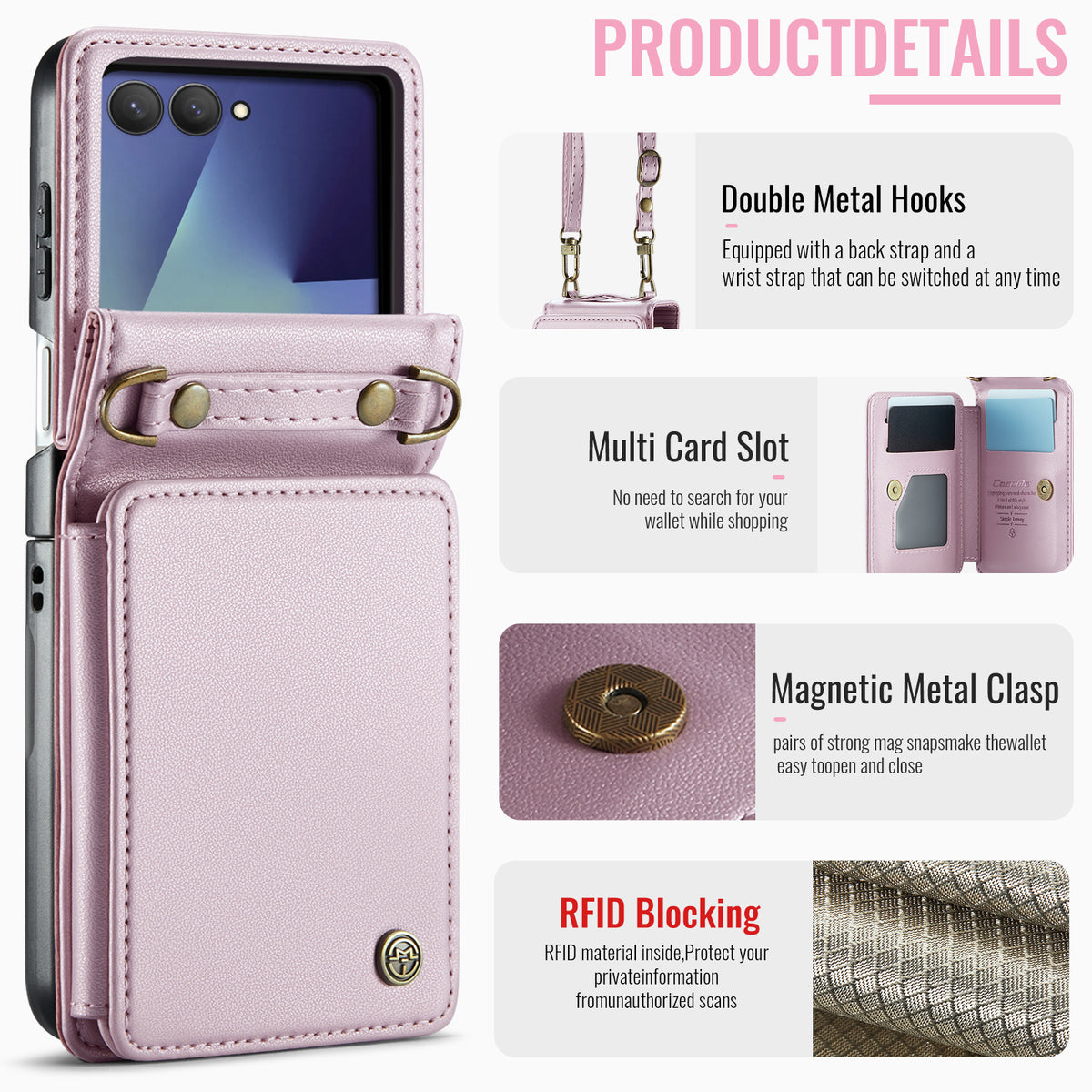 CASEME För Samsung Galaxy Z Flip7 5G Skal med RFID-blockering 5 Kortplatser C22 Läderbaksida