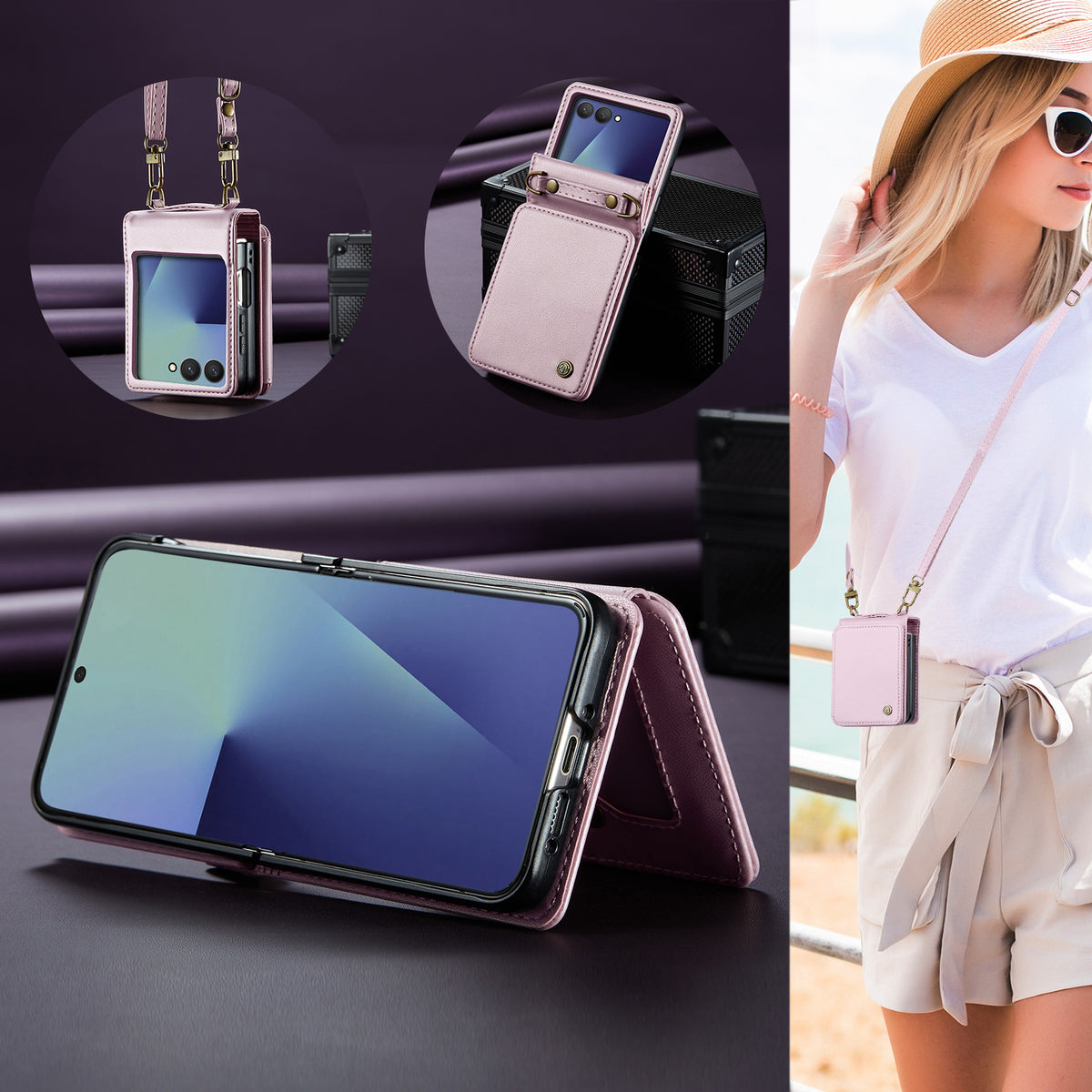 CASEME För Samsung Galaxy Z Flip7 5G Skal med RFID-blockering 5 Kortplatser C22 Läderbaksida