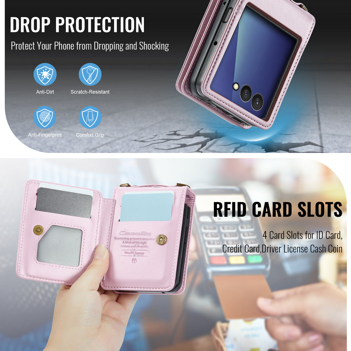 CASEME För Samsung Galaxy Z Flip7 5G Skal med RFID-blockering 5 Kortplatser C22 Läderbaksida