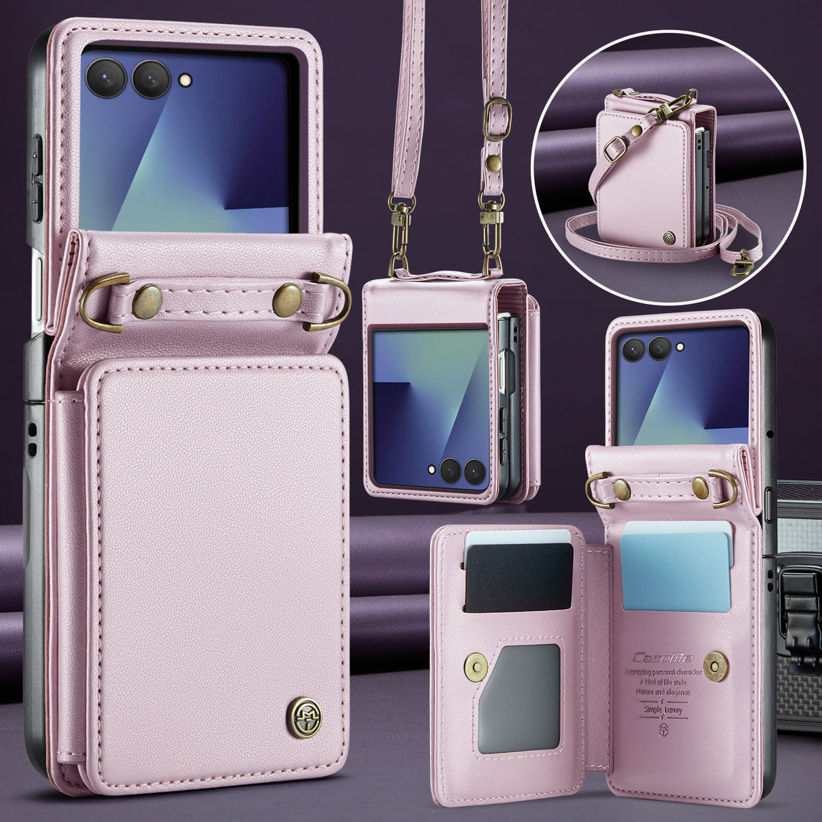CASEME För Samsung Galaxy Z Flip7 5G Skal med RFID-blockering 5 Kortplatser C22 Läderbaksida