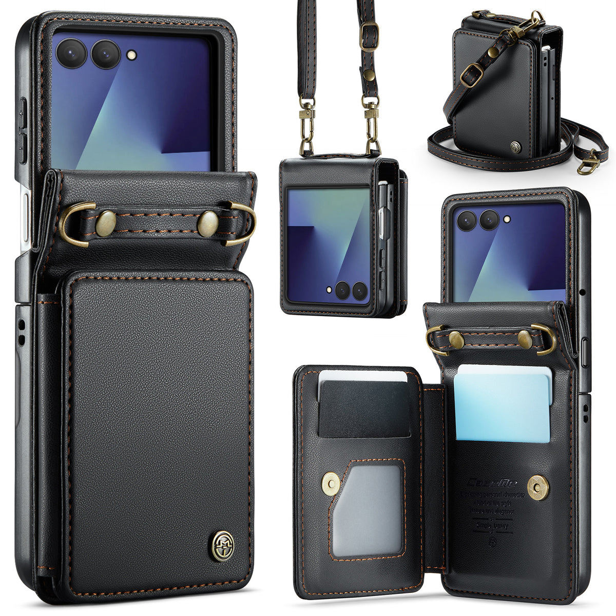 CASEME För Samsung Galaxy Z Flip7 5G Skal med RFID-blockering 5 Kortplatser C22 Läderbaksida
