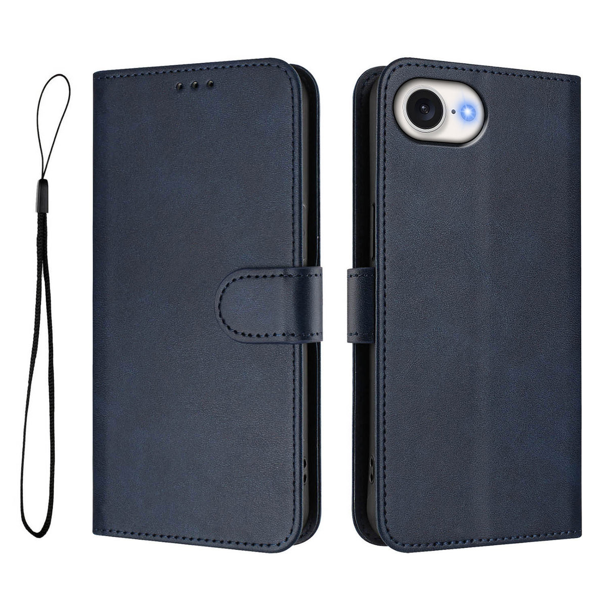 For iPhone 17e / 16e Wallet Case RFID Blocking Calf Texture Leather Stand Phone Cover with Strap